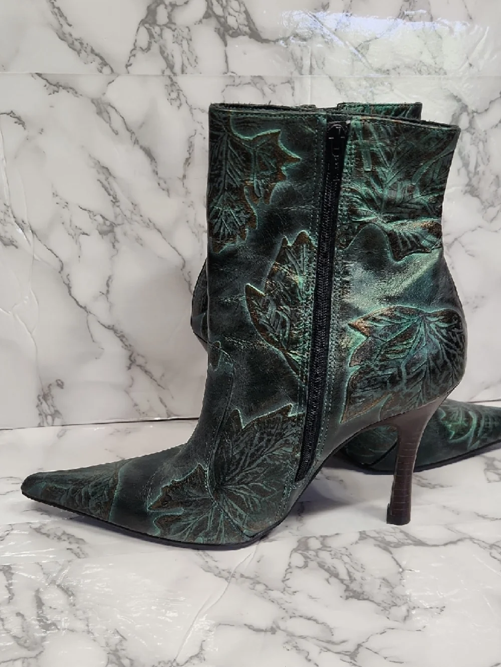 Leaf-Embossed Pointed-Toe Ankle Boots in Teal Green - Picture 3 of 7
